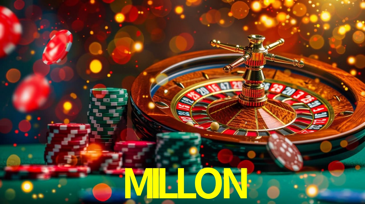 Escena dinámica inspirada en casino con iluminación MILLON, cartas, fichas e íconos de juegos digitales en un espacio moderno de juegos.