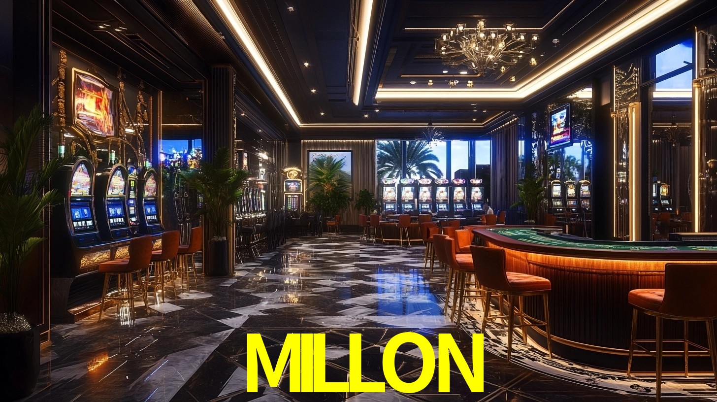 Una escena digital vívida inspirada en casino con MILLON mostrado prominentemente, luces brillantes, fichas, cartas y acentos dorados.