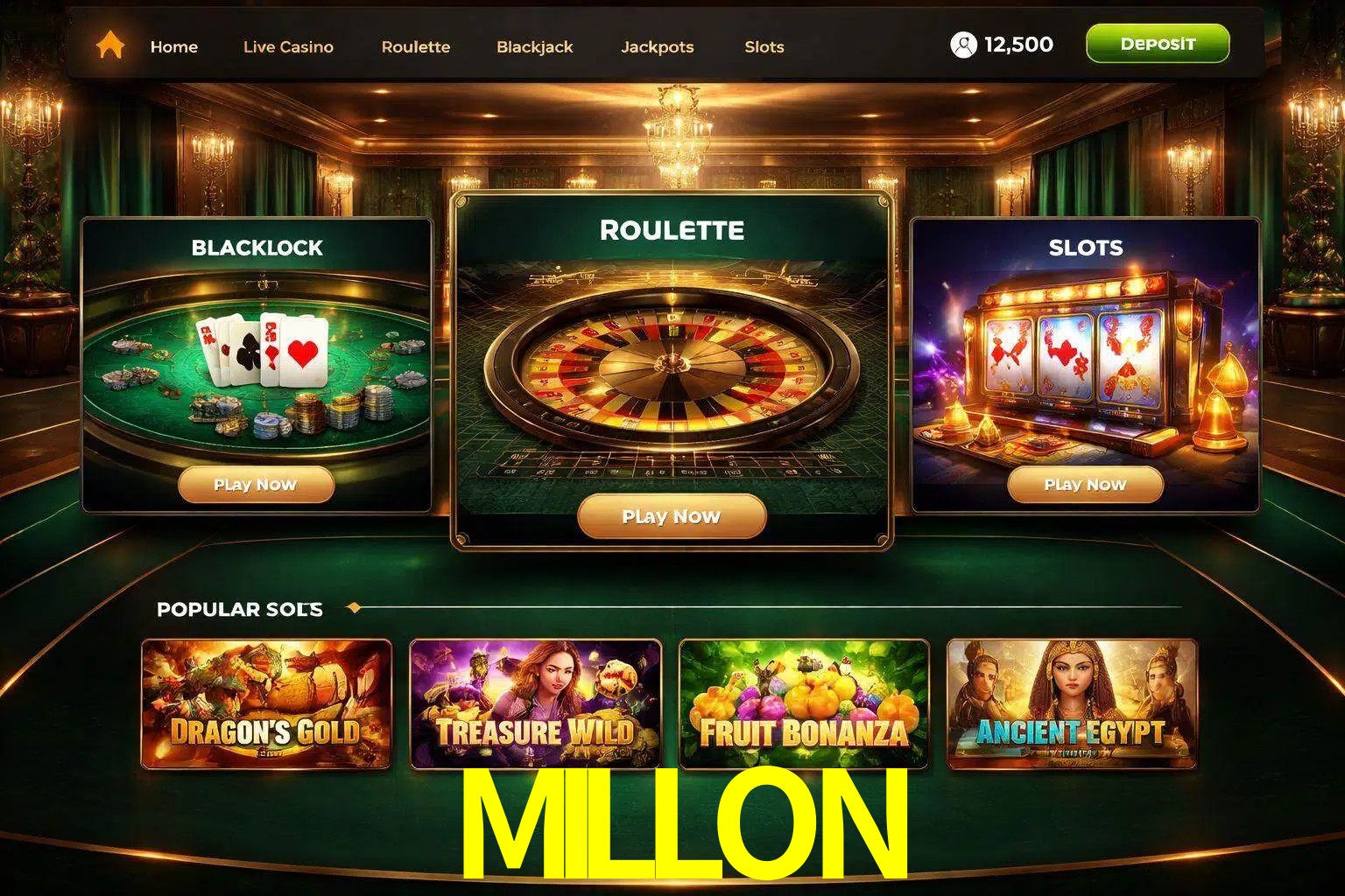 Vista de la plataforma MILLON Casino mostrando categorías organizadas de juegos en línea