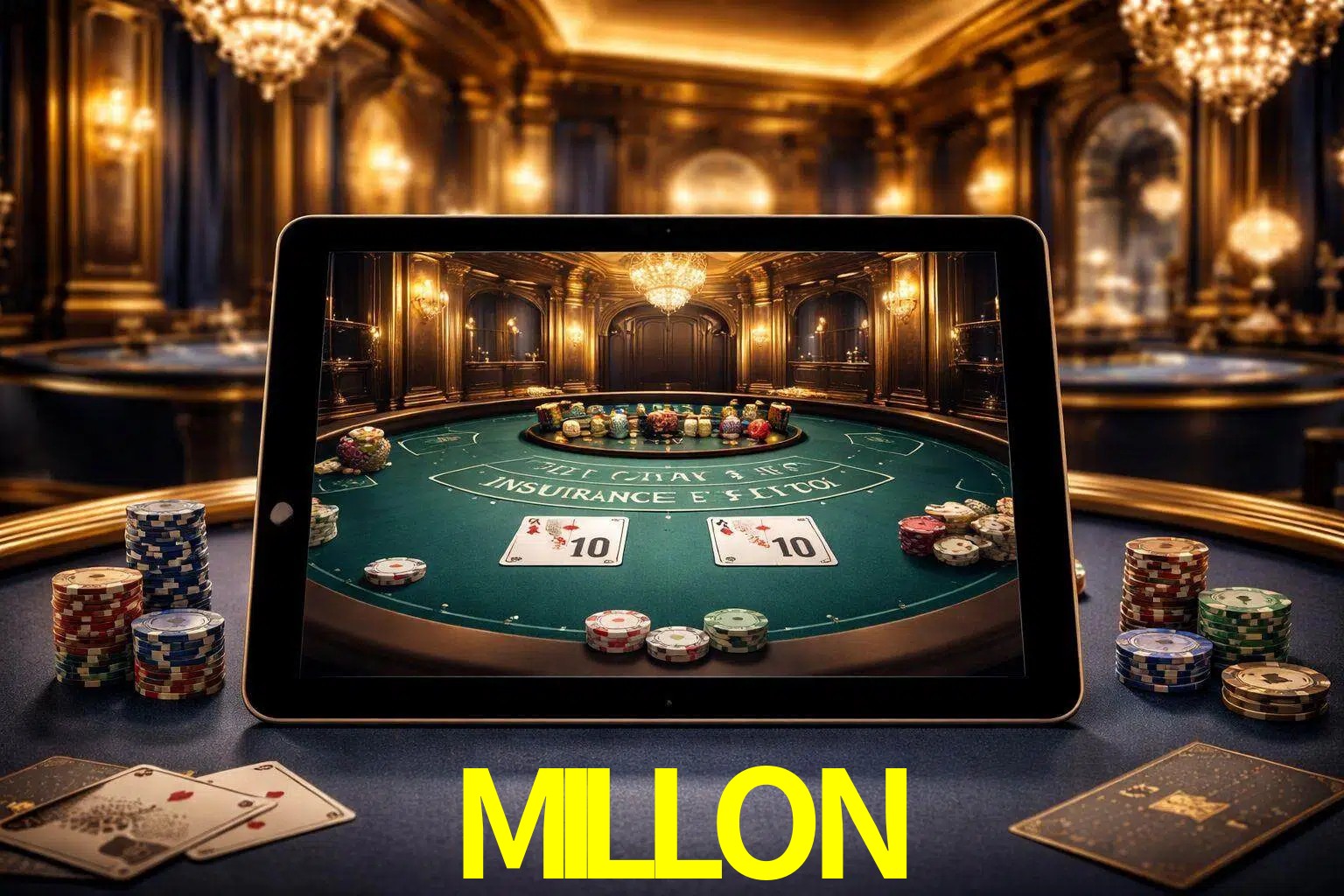 Configuración moderna de casino en vivo con una tableta mostrando una mesa de blackjack, luces cálidas de estudio y una atmósfera elegante de juegos digitales.