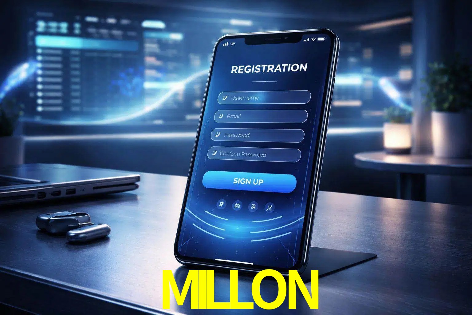 Una interfaz moderna de registro móvil para MILLON mostrada en un smartphone con un panel de apuestas elegante.